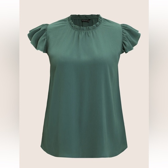 Bloomchic Plain Mock Neck Cap Sleeve Ruffle Trim Mint Blouse - Picture 6 of 7